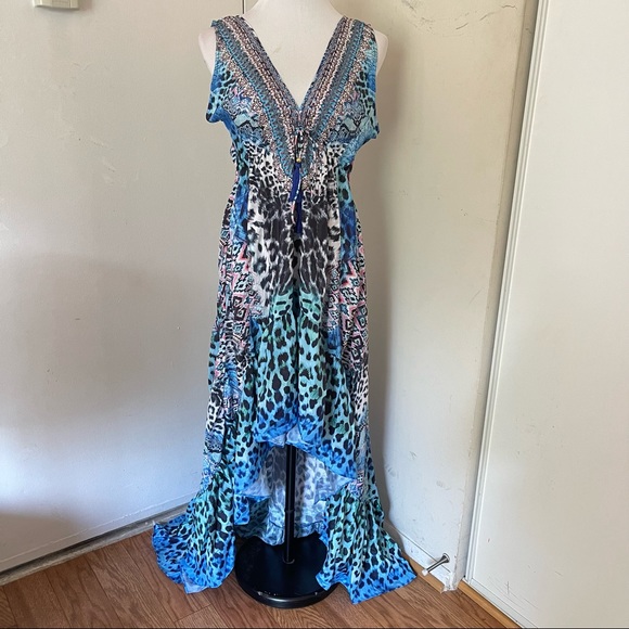 True Colours La Moda Blue Cat Hi Low Frill Maxi Cover Up Dress - Picture 2 of 11